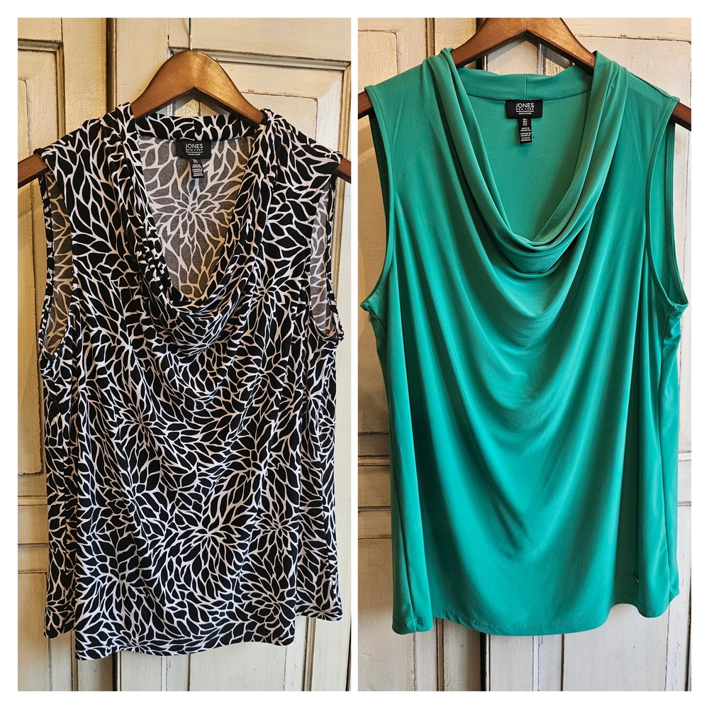 Jones New York Black and White Leaf Print Cowl Neck Blouse